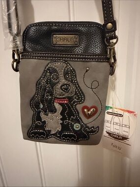 Chala Gray Crossbody with Cocker Spaniel Dog Applique and Red Heart Accent